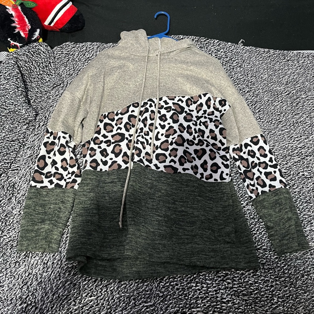 Reborn J Gray and Green Leopard Print Hoodie